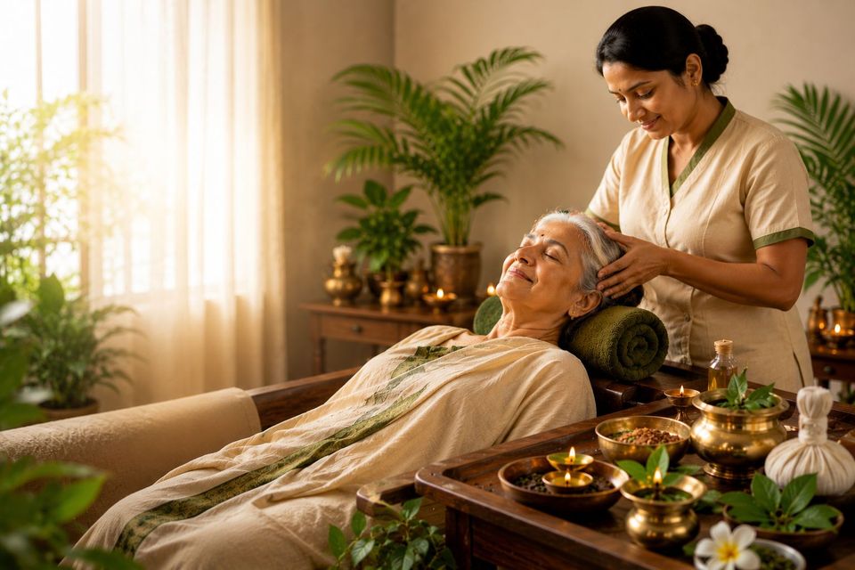 Therapist giving a gentle head massage to an elderly woman in a sunlit room
