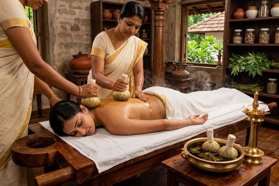 Two therapists applying warm herbal leaf poultices during Ela Kizhi