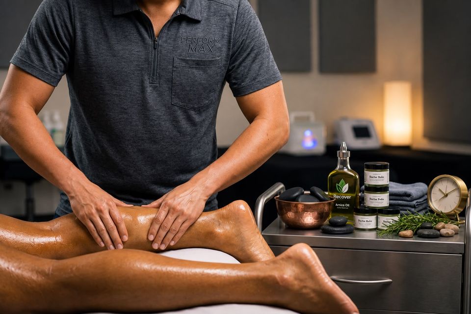 Therapist massaging a client's leg with warm oil