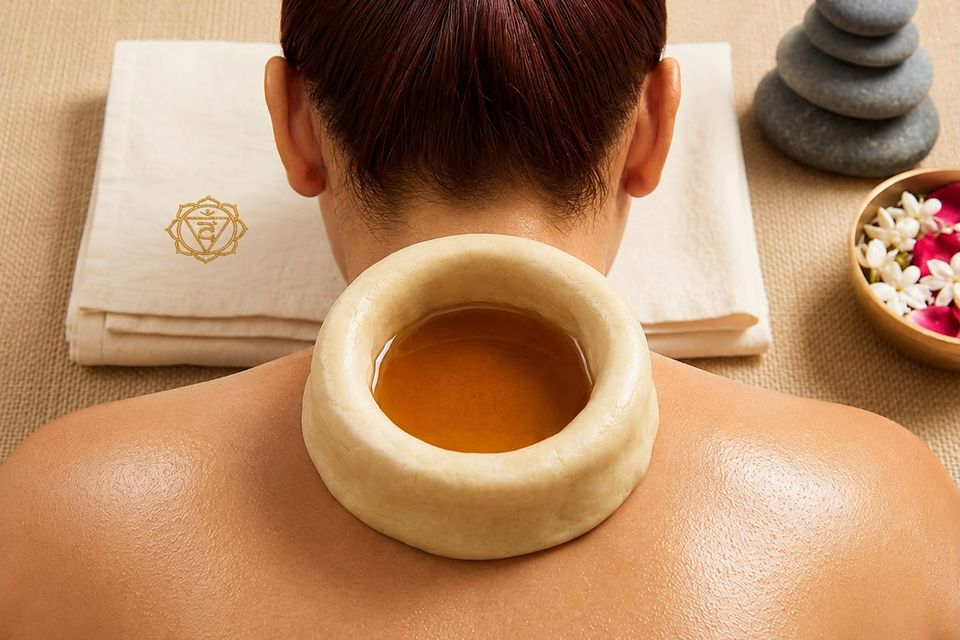 Warm medicated oil held in a dough ring on the back of the neck during Greeva Vasthi