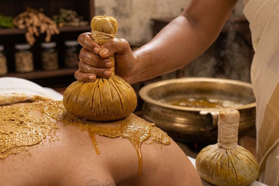 Herbal powder poultice being pressed onto the back during Podi Kizhi