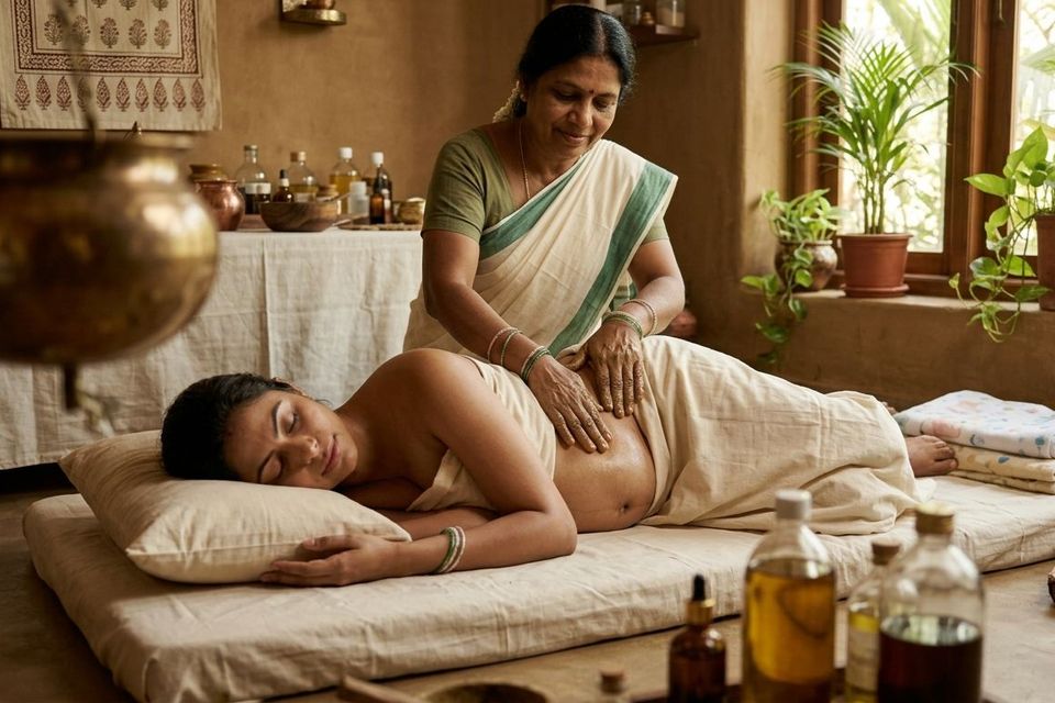 Therapist giving a warm oil abdominal massage during postnatal care