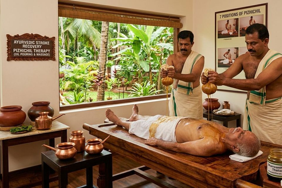 Two therapists performing Pizhichil warm oil pouring therapy for stroke recovery